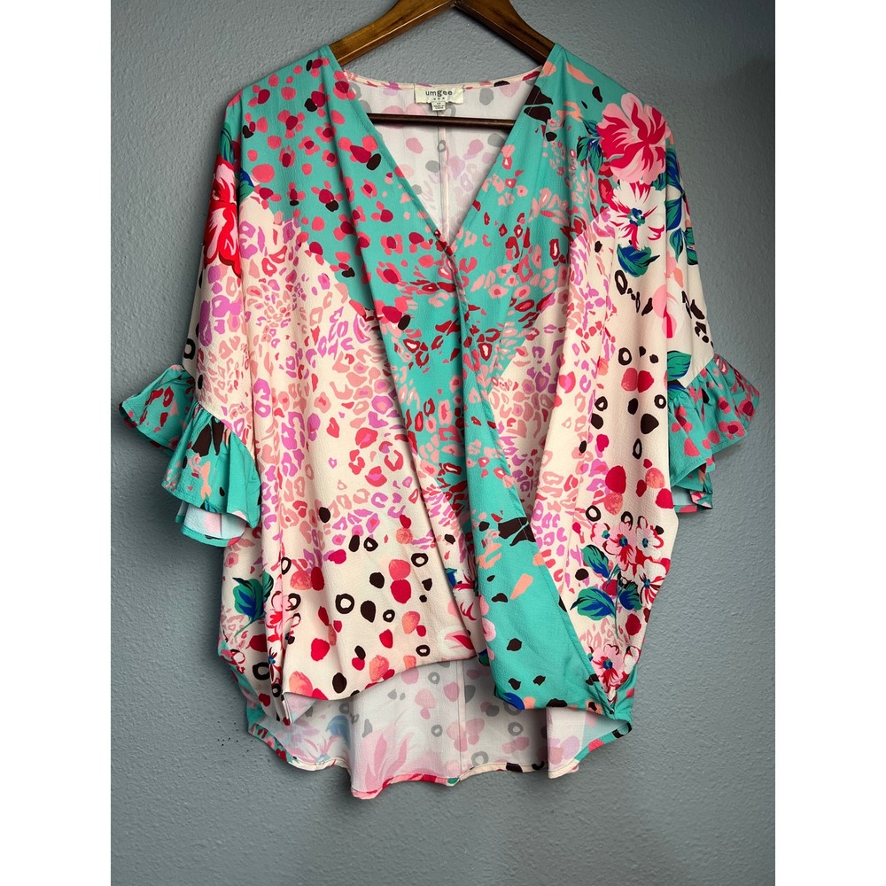 Umgee USA Mixed Floral Leopard Ruffle Artsy Sleeve Surplice Top Pink Teal Medium